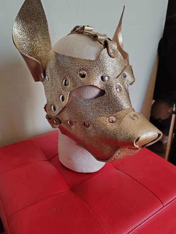 MASCHERA CANE COLOR ORO IN VERA PELLE - immagine 2