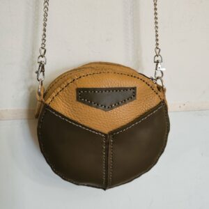 BORSA TONDA COLOR MARRONE CHIARO E VERDE MILITARE IN VERA PELLE